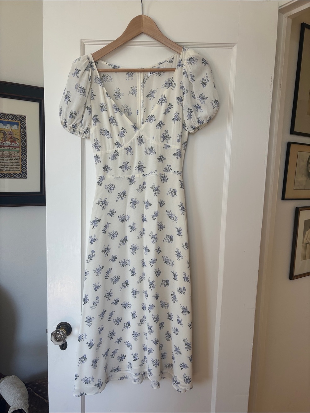 Reformation White Midi Dress with Blue Floral Print